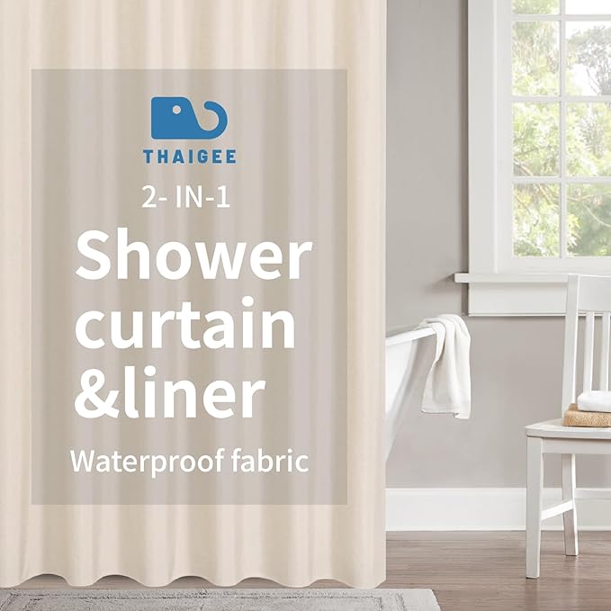 2-in-1 Waterproof Extra Long Fabric Shower Curtain or Liner,Linen Textured,96 Inch Breathable TPU & Washable Bathroom Shower Curtain Set with 12 Plastic Hooks,Modern,72"x96" Cream