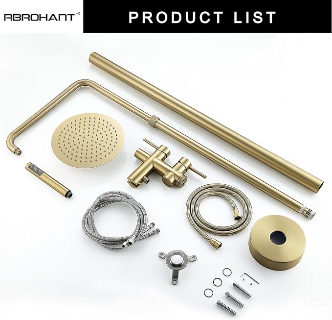 RBROHANT Freestanding Outdoor Shower Gold, Height Adjustable Stainless Steel Outdoor Showers for Backyard Garden Pool Beach, Stand Alone Outdoor Shower Hot and Cold Water, Brushed Gold, JK0456