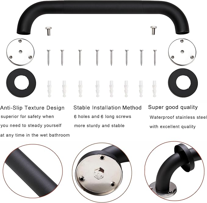 Shower Grab Bar, 2 Pack 16 Inch Black Bathroom Grab Bar, 1.25" Diameter 304 Stainless Steel Anti-Slip Grab Bars for Bathtubs and Showers, Handicap Shower Grab Bar for Seniors Elderly