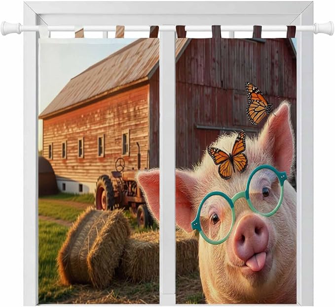 Farm Pig Bedroom Curtains 72 Inch Length, Window Curtains Tab Top, Farmhouse by Unknown