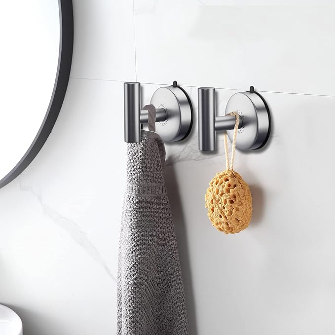 DGYB Large Suction Cup Hooks for Shower Set of 4 - Brushed Nickel Towel Hooks for Bathrooms - Stainless Steel Removable Wall Hooks - 15 Lb Heavy Duty Hanging