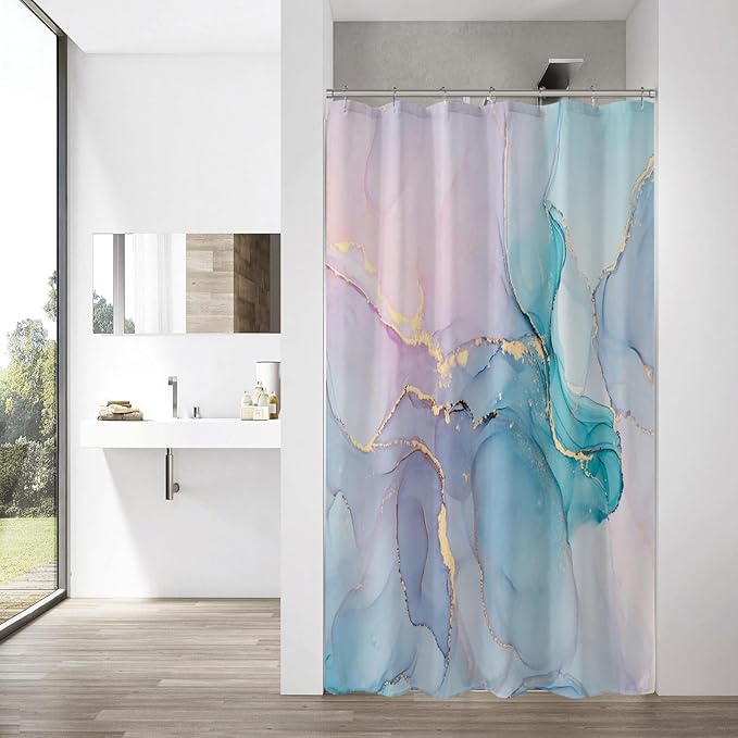 Gibelle Small Stall Shower Curtain 36 x 72, Narrow Half Abstract Marble Shower Curtain, Pink Turquoise Modern Ink Art Waterproof Fabric Shower Curtain Set with Hooks