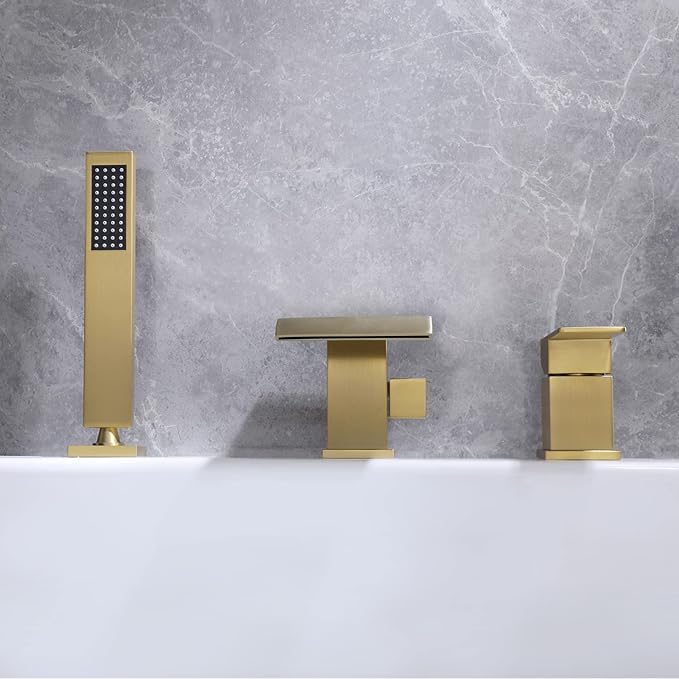 TapLong Roman Tub Faucet Waterfall Tub Filler Waterfall Deck Mount Bathtub Filler Faucet with Sprayer 3 Hole Widespread Tub Filler Deck Mount Solid Brass Brushed Gold, 02763BG