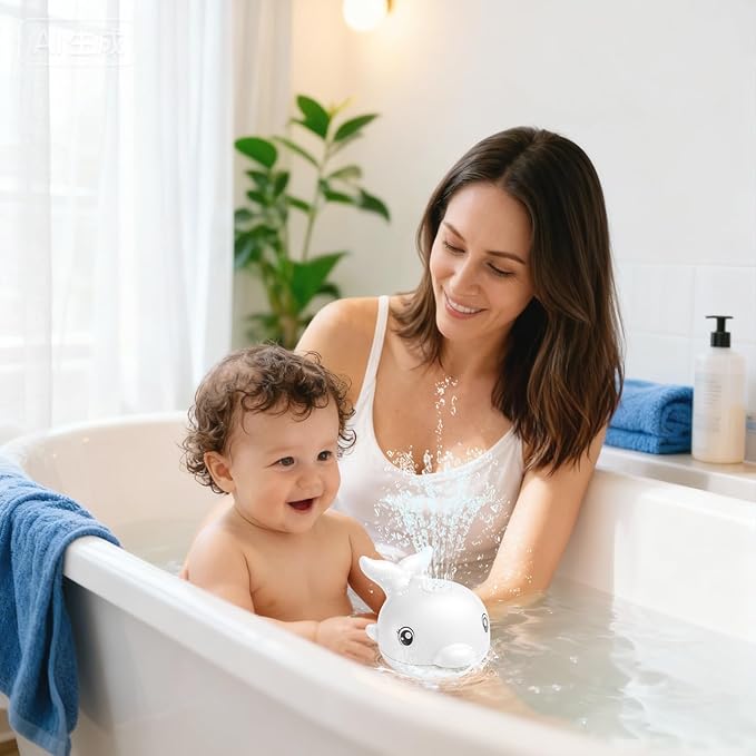 Bath Toys, Light Up Dolphin Baby Bath Toys for Babies 6-12 12-18 Months, Rechargeable Sprinkler Musical Toys, Easter Basket Stuffers Bathtub Toys for Toddlers 1-3 2-4 Boys Girls Infant Kids- White