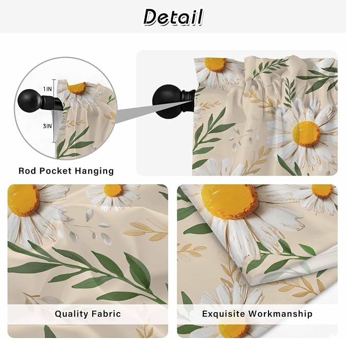 Spring Daisy Kitchen Curtains, Country Watercolor Flower Leaf Plant Light - Image 9