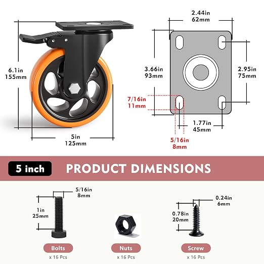5 Inch Heavy Duty Caster Wheels, Industrial Casters Set of 4 Load 2000lbs - Image 2