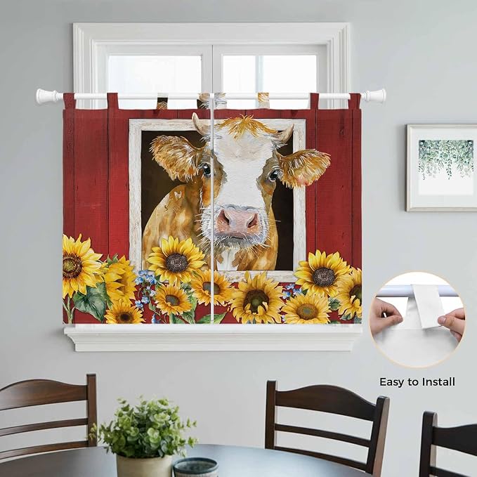Cows Sunflowers Kitchen Curtains 45 Inch Length, Short Cafe Window Curtains Tab - Image 4