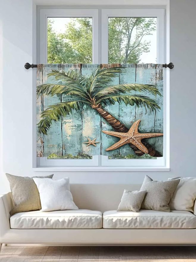 Sheer Curtains 54 Inch Length, Coastal Blue Green Tree Semi Sheer Curtains - Image 4