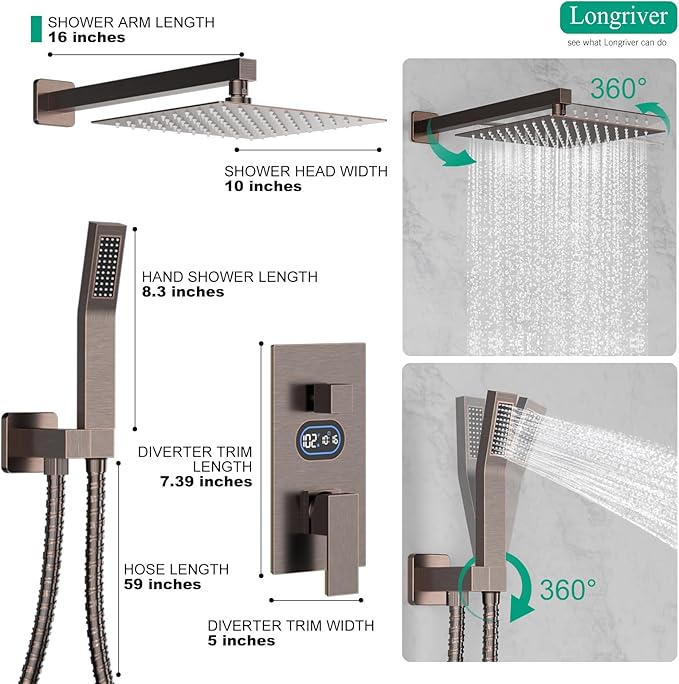 Longriver Shower Faucet Set with Hydro Power Temperature Display, Shower System 10 Inch Shower Head with Handheld Spray, Wall Mounted Shower Fixtures with Shower Valve and Trim Kit, Oil Rubbed Bronze