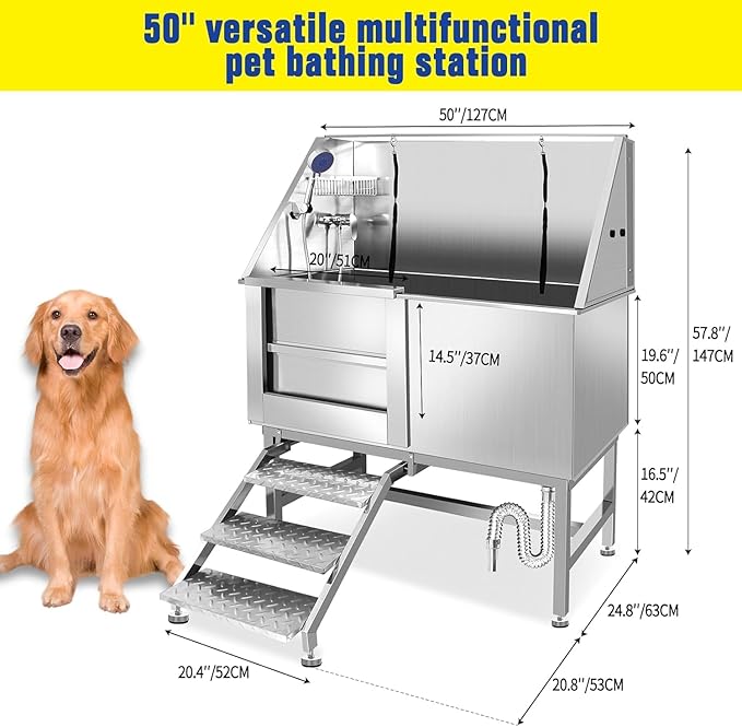 Professional 304 Stainless Steel Dog Bathing Station, 50 inch Pet Grooming Tub with Anti-Slip Ramp, Storage Drawer, Hot/Cold Faucet for Large Medium Small Dogs