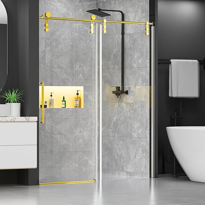 Chabatree Shower Door 60" W x 76" H Frameless Sliding Shower Door,Frameless Shower Door with Sealing Strip and Waterproof Handle,5/16"(8mm) Clear Tempered Glass,Stainless Steel Hardware,Golden