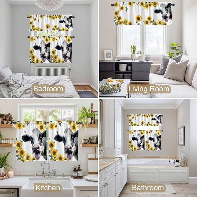 Kitchen Curtains Tiers and Valance Set of 3, Cow Sunflowers Light Filtering - Image 7