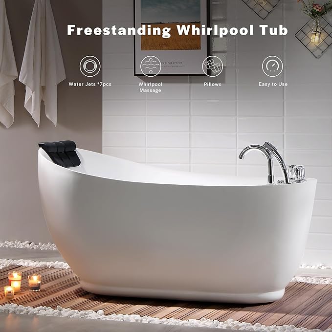 Empava 67 inch Acrylic Freestanding Whirlpool Bathtub with Hydromassage Gracefully Oval Shaped Adjustable Water Jets Soaking SPA, Single-Ended Massage Bathtubs with Black Pillow, ETL Certified, White