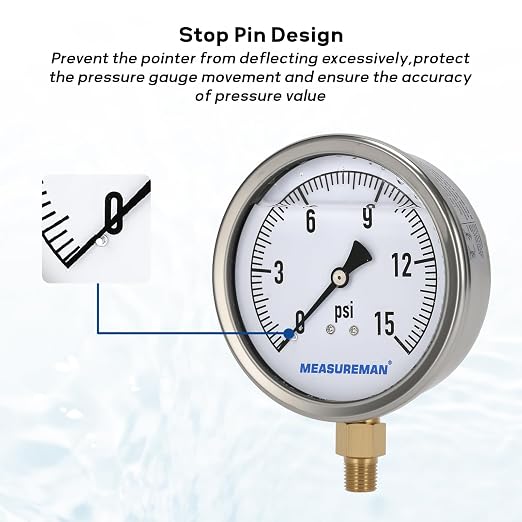 MEASUREMAN Glycerin Filled Plumbing Pressure Gauge 0-15psi Stainless Steel Case - Image 3
