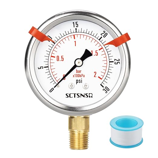 0 to 30 Psi Pressure Gauge, Glycerin Liquid Filled, 2.5 inch Dial, 1/4" NPT by SCTSNSR