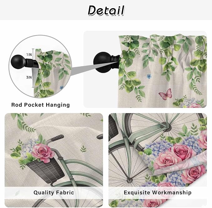Farmhouse Spring Kitchen Curtains, Retro Bicycles Flowers Vines Butterfly Light - Image 9