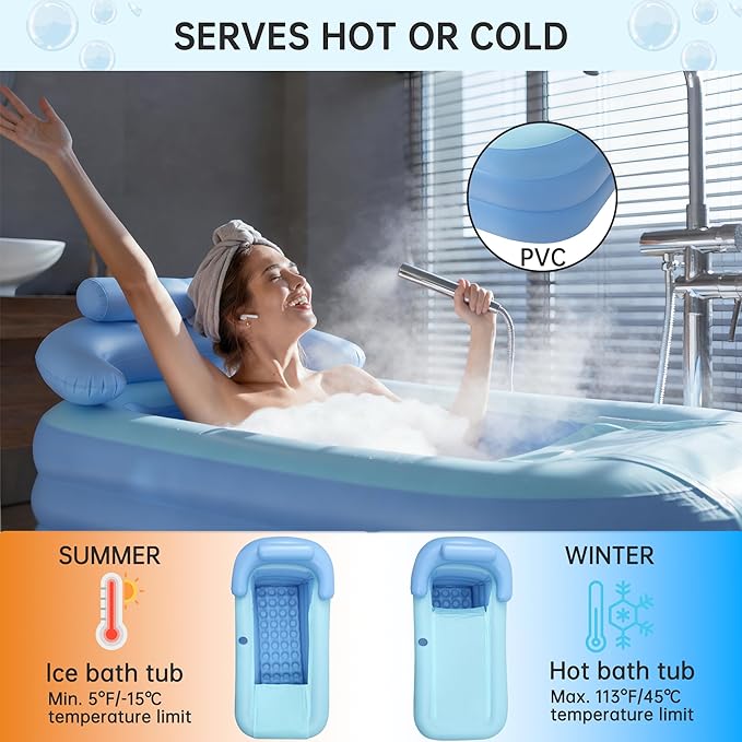 Portable Inflatable Bathtub with Electric Air Pump, Foldable Portable Freestanding Tub, Built-in Water Pillow & Back Support, Cup Holder, Insulated PVC, Includes Repair Patches for Indoor/Outdoor Use