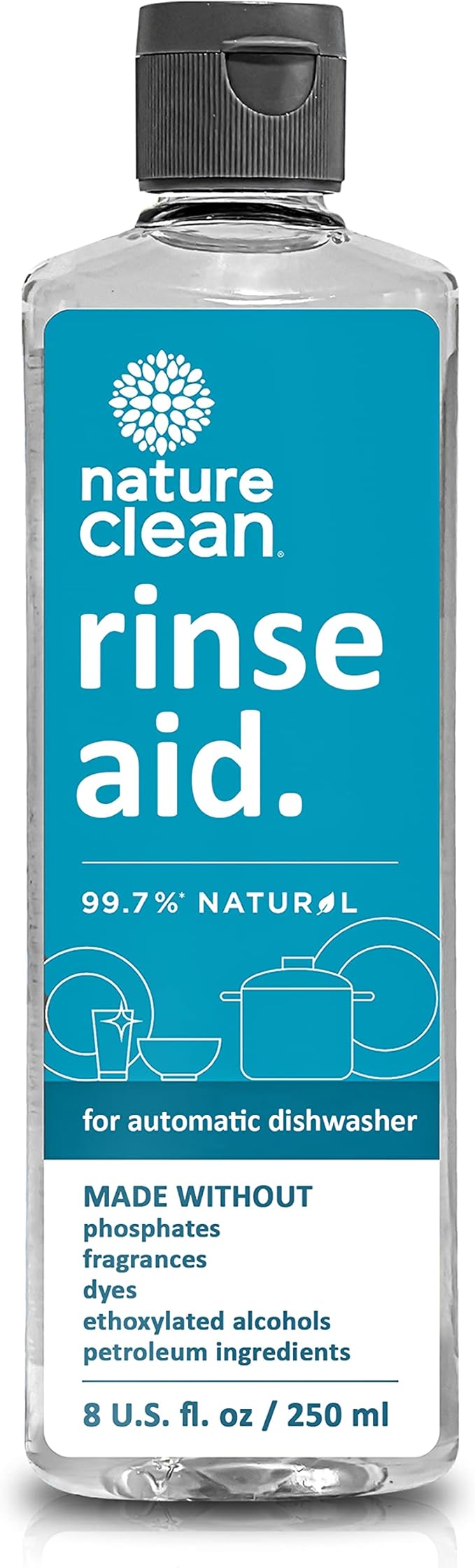 Nature Clean All Natural Dishwasher Rinse Aid Cleaner, Liquid Dishwasher Rinse Agent for Spot-Free Glass & Cutlery in Hard Water, Non Toxic Dish Washer Rinse Aid & Stain Remover, 8 oz/250ml, Pack of 1