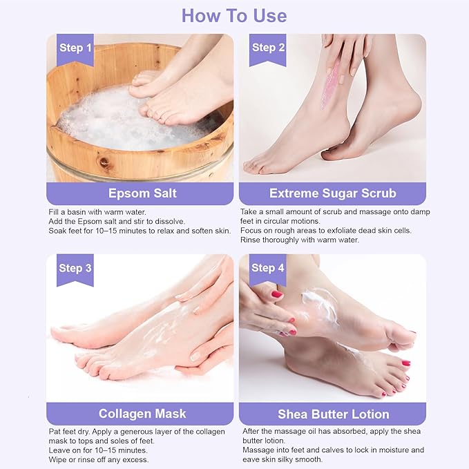 Epsom Salt Soak, Callus Remover Gel, Extreme Sugar Scrub, Collagen Mask & Shea Butter Lotion – Professional Spa Foot Care System 5 Step Luxury Pedicure Kit. Milk & Honey 50 Set