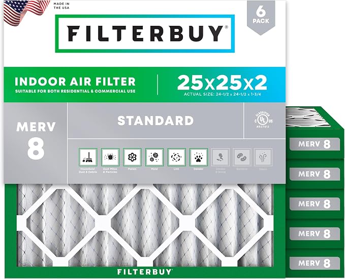 Filterbuy 25x25x2 Air Filter MERV 8 Essential Dust & Allergy Defense, by Filterbuy