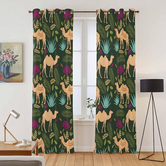 2 Panel Kitchen Cafe Curtains, Retro Desert Camel Sunlight Filtering Nature Air - Image 2