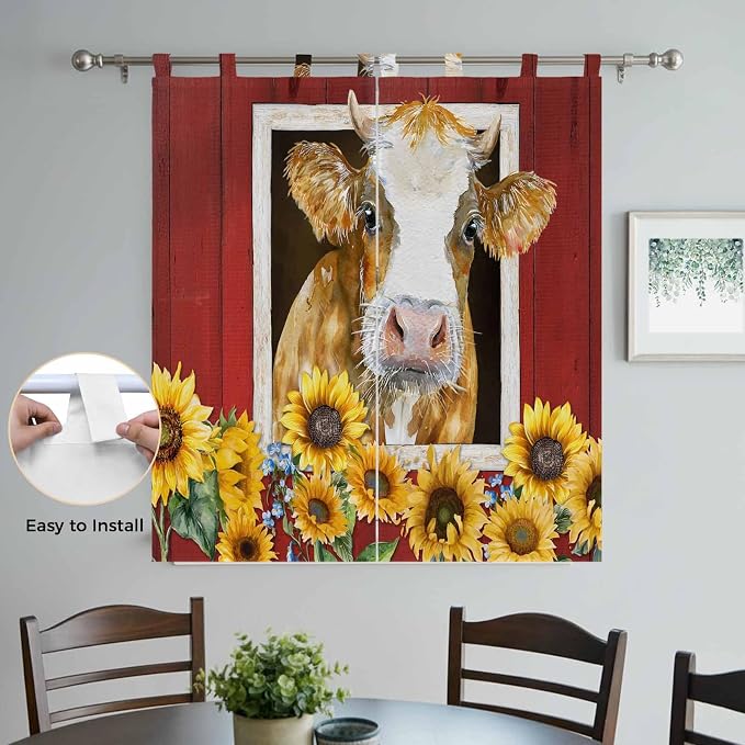 Cows Sunflowers Bathroom Curtains 63 Inch Length, Window Curtains Tab Top - Image 4