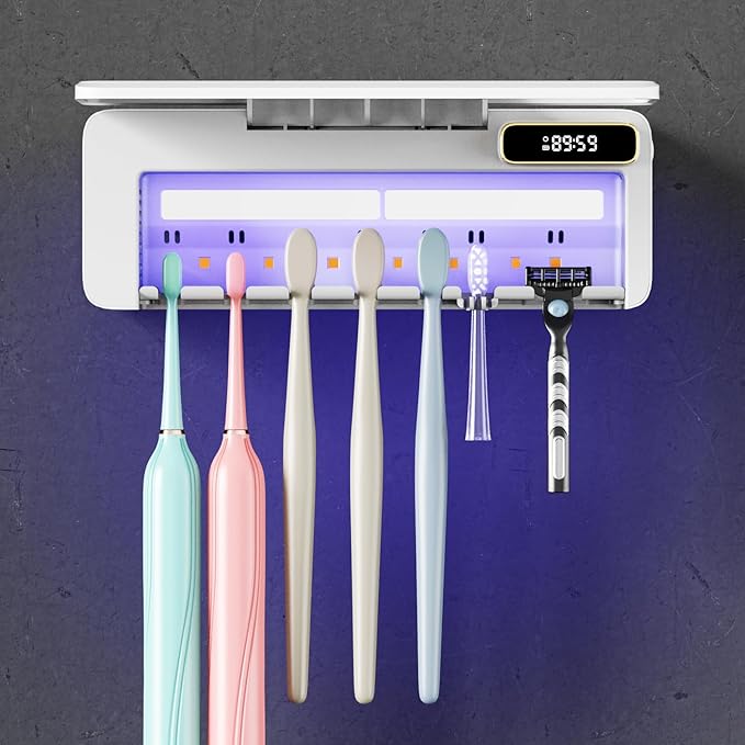 Smart Toothbrush Sanitizer & Holder, 5+1+1 Slot Wall Mounted Toothbrush Cleaner with Heating Dryer, No-Drilling Bathroom Storage for Multiple Toothbrushes and Electric Brushes