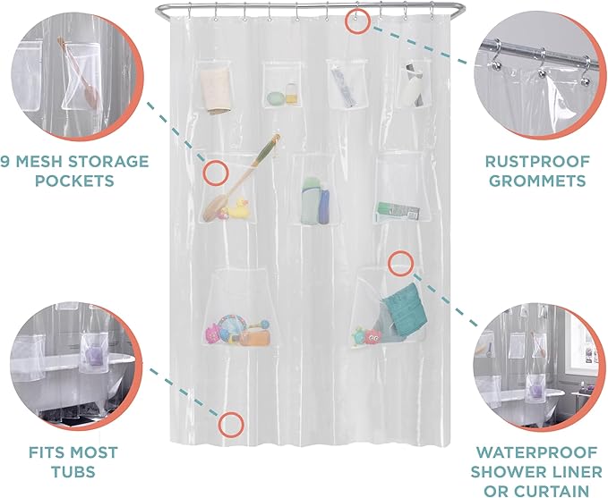 Zenna Home Waterproof Shower Curtain Liner with 9 Storage Pockets, 70 x 72 Inch, PEVA Shower Liner for Bathroom Storage, Shower Curtain Organizer with Rustproof Grommets, Clear