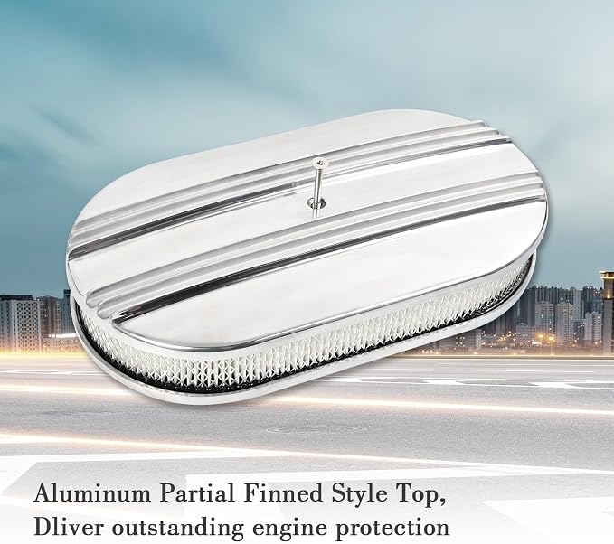 15" Polished Aluminum Air Cleaner Assembly Kit Alloy Oval Partial Half Finned - Image 4