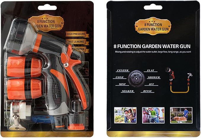 Hose Nozzle - Water Spray Attachment, 8 Adjustable Watering Patterns with Comfortable Grip, Durable Design with Easy Use, Garden and Car Accessory for Washing Vehicles, Showering Pets