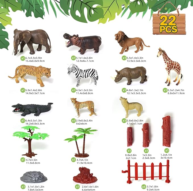 10 Big Realistic Safari Animal Toys for Kids 3-7, Jungle Figures Set with 12 Accessories & Storage Bucket, Educational Plastic Toys