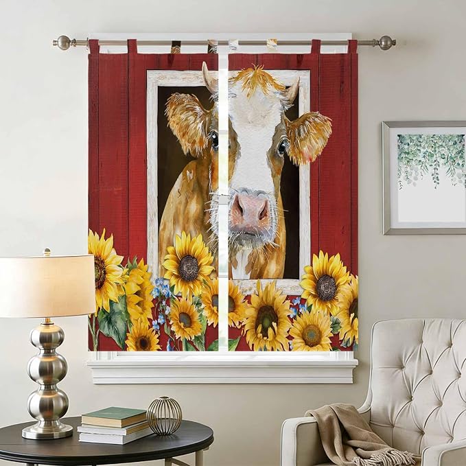 Cows Sunflowers Bedroom Curtains 72 Inch Length, Window Curtains Tab Top - Image 2