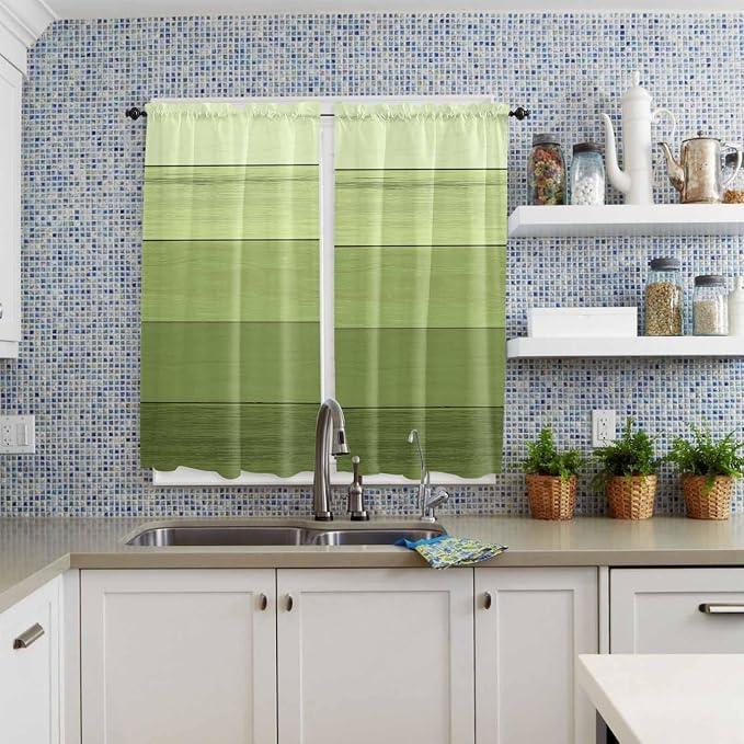 Gradient Green Wooden Board Window Valance Curtains, Retro Country Wood Grain - Image 8