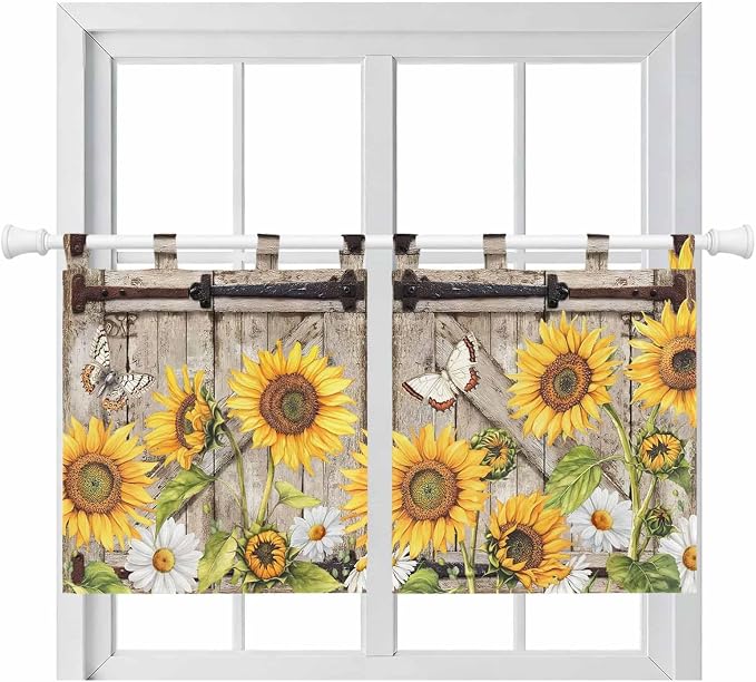 Farmhouse Sunflowers Kitchen Curtains 36 Inch Length, Small Window Curtains Tab by Unknown