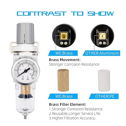 NANPU 1/4" NPT Compressed Air Filter Regulator Combo Piggyback, 5 Micron Brass - Image 5