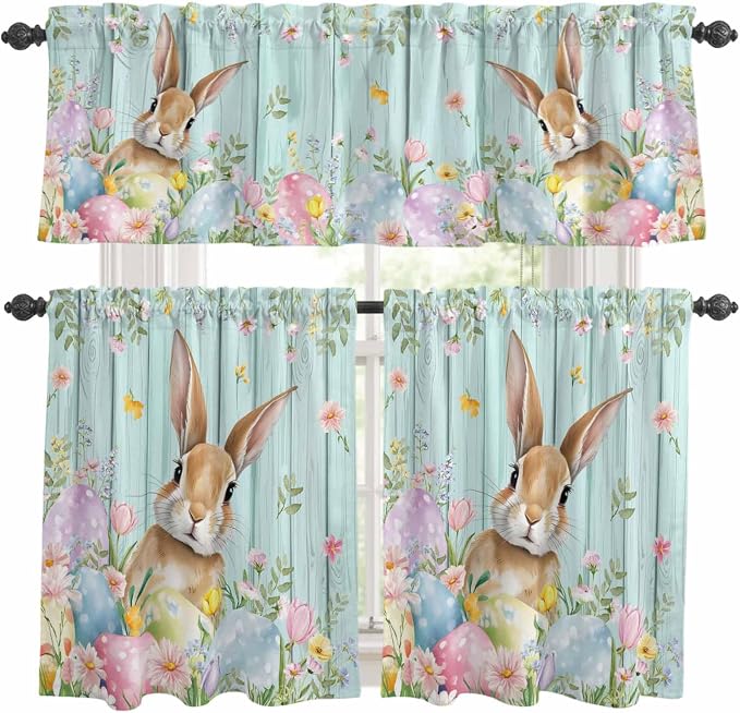 Kitchen Curtains Tiers and Valance Set of 3, Easter Light Filtering Window by Anzona