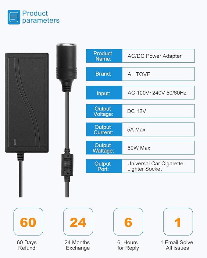 ALITOVE 110V to 12V Converter - 12V 5A 13.5FT Car Cigarette Lighter Adapter to - Image 2