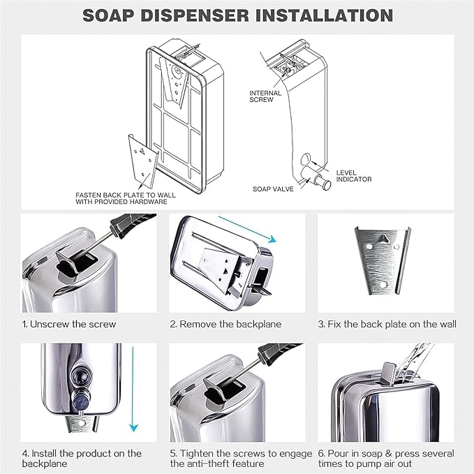 Commercial Soap Dispenser Stainless Steel Wall Mount for Bathroom and Kitchen with Premium Anti-Leak Pump and Corrosion-Proof Lining 17oz/500ml 8182