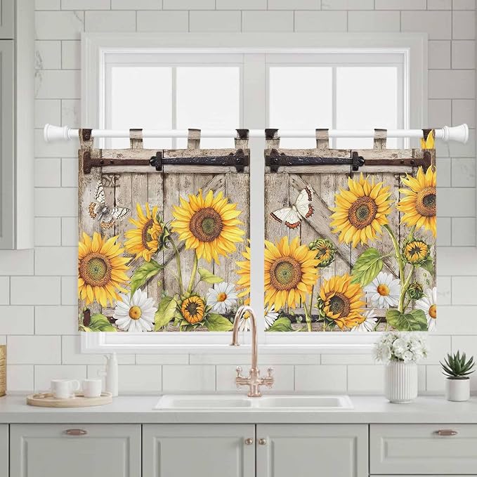 Farmhouse Sunflowers Kitchen Curtains 36 Inch Length, Small Window Curtains Tab - Image 3