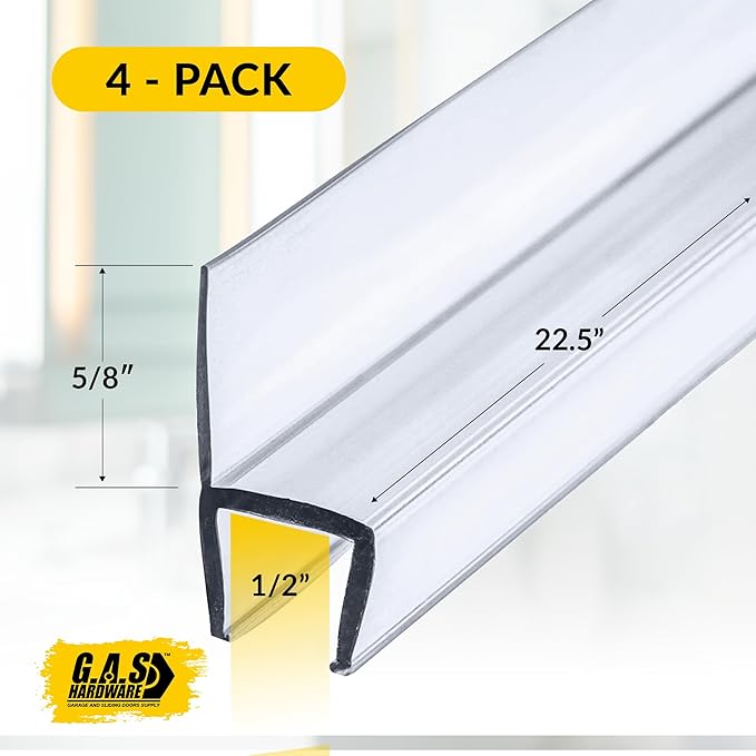 1/2" (12mm) Frameless Shower Door Seal – H-Type 22.5" (57.2cm) Ultra-Clear Bottom & Side Drip Rail Strips, 4-Pack for Leak Protection, Water Control & Easy DIY Install