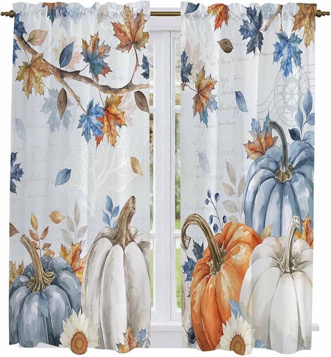 Fall Blue Maple Window Curtains 63 Inch Long 2 Panel Set, Rod Pocket Bedroom - Image 2