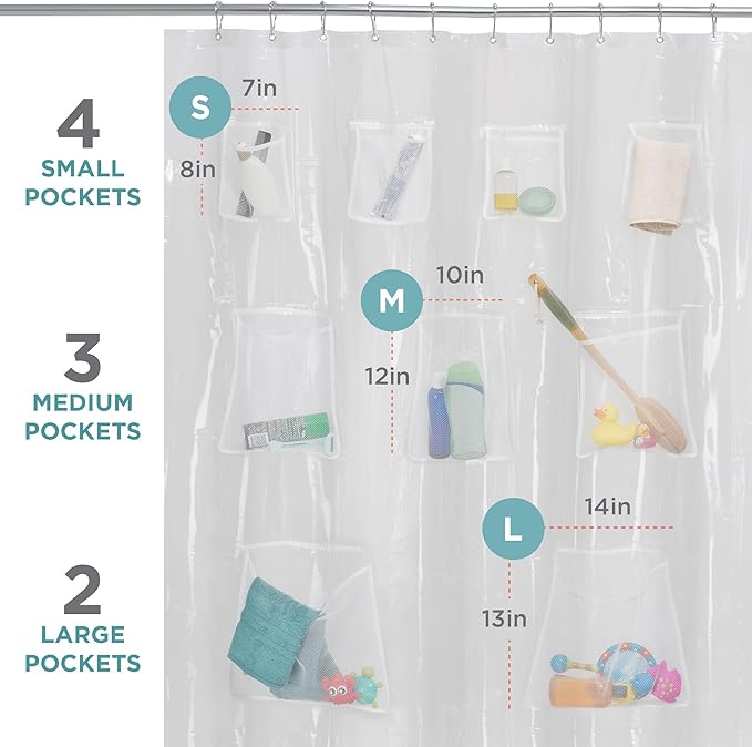Zenna Home Waterproof Shower Curtain Liner with 9 Storage Pockets, 70 x 72 Inch, PEVA Shower Liner for Bathroom Storage, Shower Curtain Organizer with Rustproof Grommets, Clear