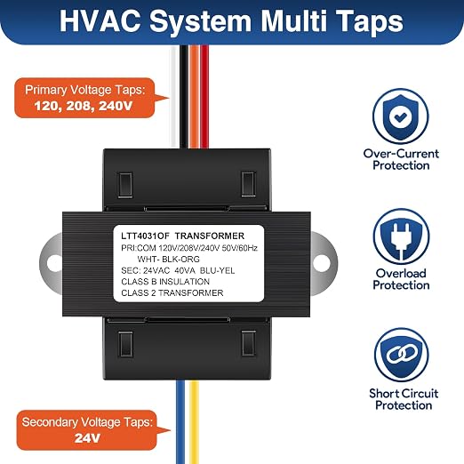 24V 40VA Control Transformer, 120V 50/60Hz HVAC Furnace Multi Tap, Foot Mount - Image 2