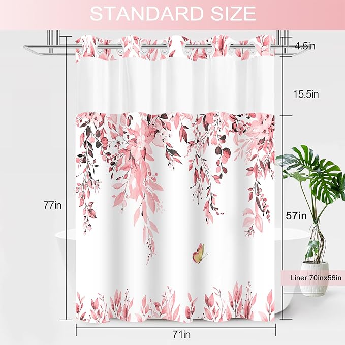 No Hook Shower Curtain and Liner Set, Pink Eucalyptus Floral Shower Curtains for Bathroom, Bath Curtain Sets with Snap in Liner, Waterproof with See Through Top Window, 71x77 Inches