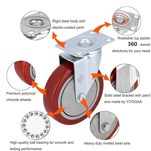 YOOGAA 5" Heavy Duty Caster Swivel Caster Wheels No Noise 360 Degree Rotation - Image 2