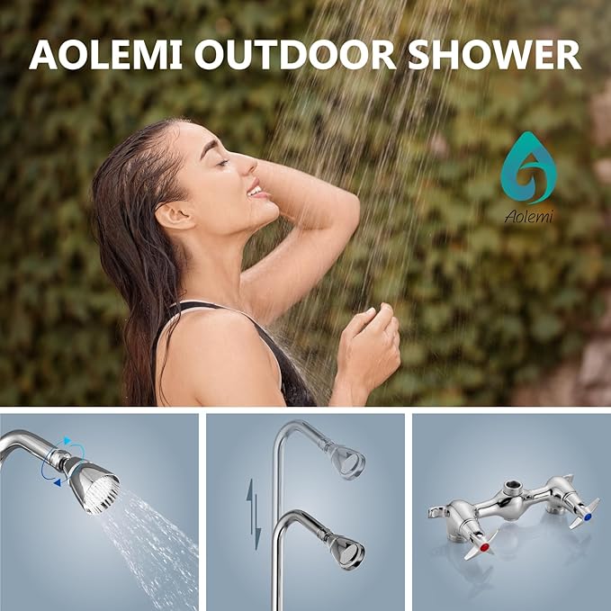 Aolemi Outdoor Shower Kit Fixtures Faucet System Double Handle Exposed Shower with Brass Mix Valve and Height-Adjustable Shower Pipe 6 Inch Center with Showerhead Polish Chrome