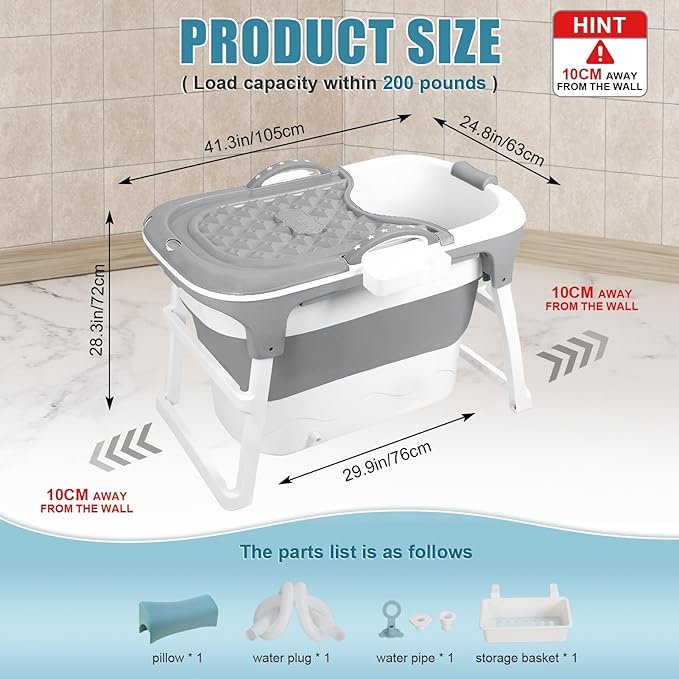 Portable Bathtub Foldable Bathtub for Adults, 39 Inch Small Tub with Ergonomic Seat & Massage Roller, Ice Bath Tub for Shower, Sitz Bath, Ice Baths Freestanding Bathtubs for Bathroom Grey
