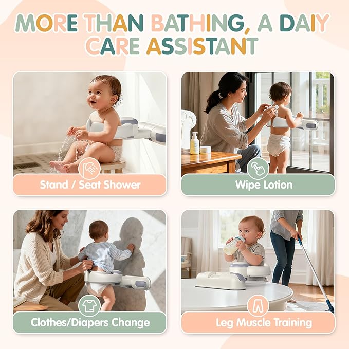Baby Bath Support Stand Shower - Wall-Mounted Baby Shower Stand with Strong Suction Cups. Foldable Adjustable Baby Standing Support for Infants, Toddlers aged 8-36 Months. Soporte para Bañera de Bebé