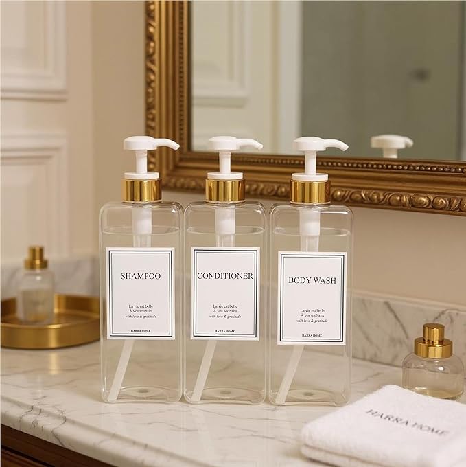 Modern Gold Design Shampoo and Conditioner Dispenser, Large 27oz Shower Soap Dispenser, Set of 3 Refillable Empty Plastic Pump Bottles for Bathroom, 6 Waterproof Labels Included, (Clear & White)