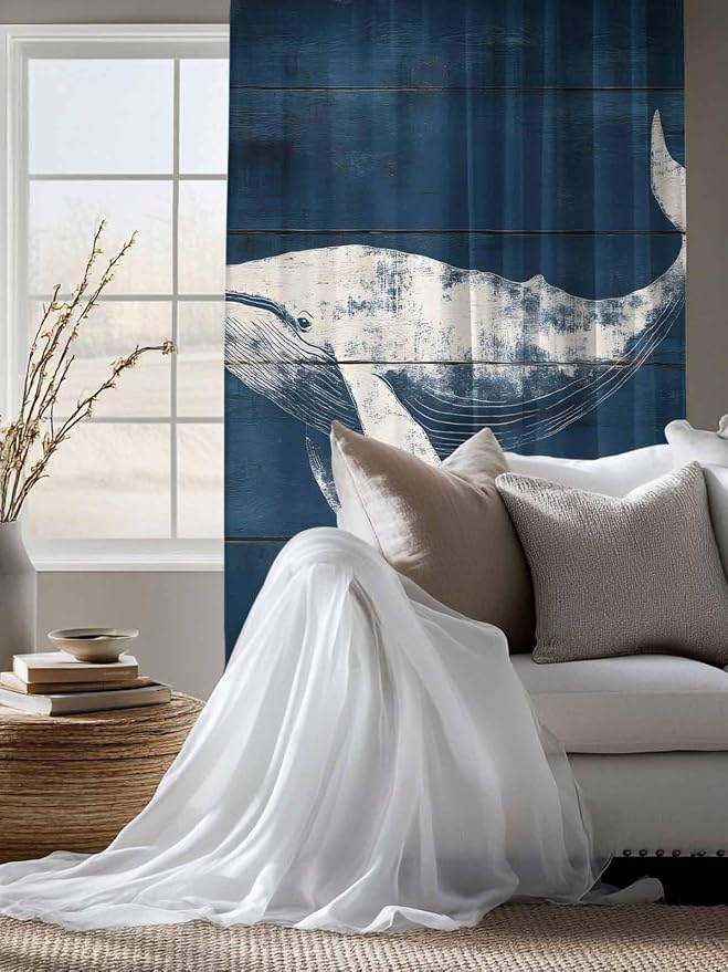 Sheer Curtains 63 Inch Length, Summer Whale Semi Sheer Curtains Light Filtering - Image 4